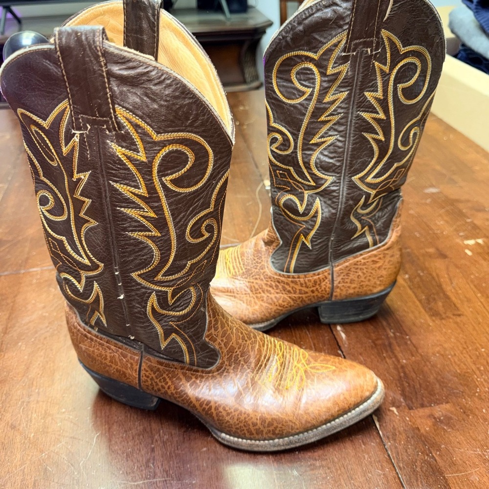 Vtg Sheplers Cowboy Boots Mens 9 D Brown Bullhide Leather Handcrafted Mexico
